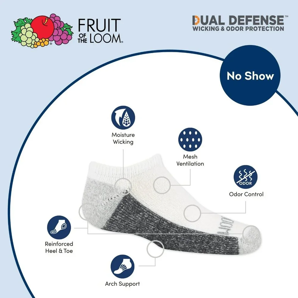 NEW Fruit Of The Loom 10 Pairs Dual Defense Wicking Odor Protection No Show Sock